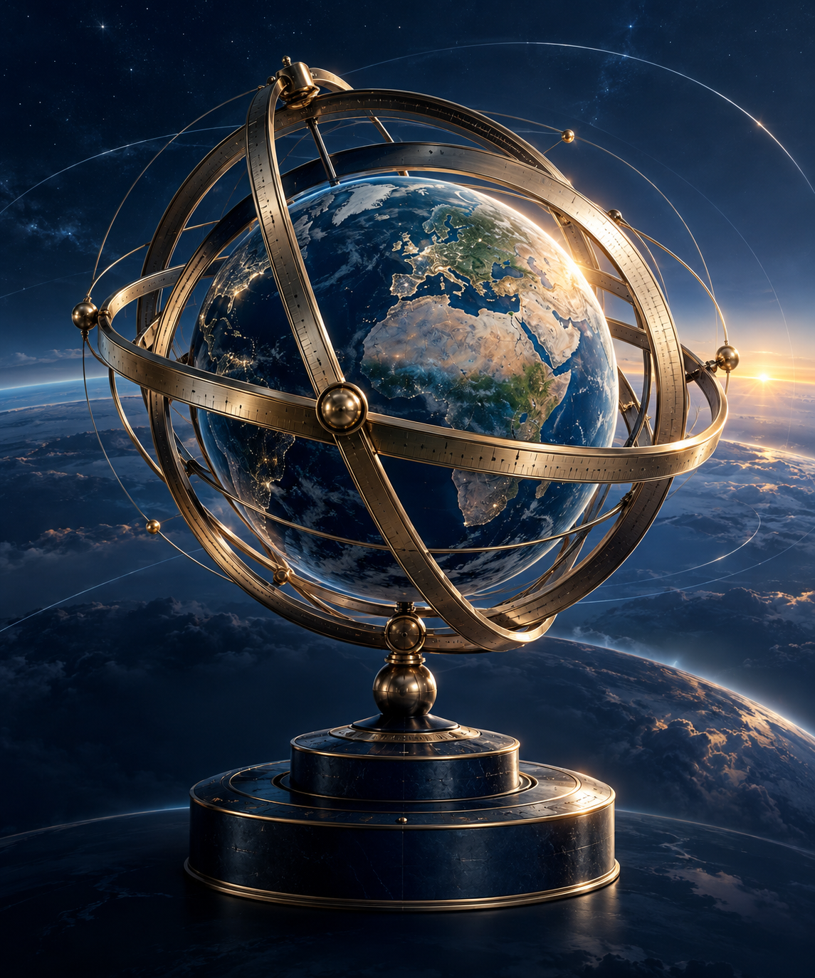 A brass armillary sphere surrounding the Earth, with Europe facing the horizon